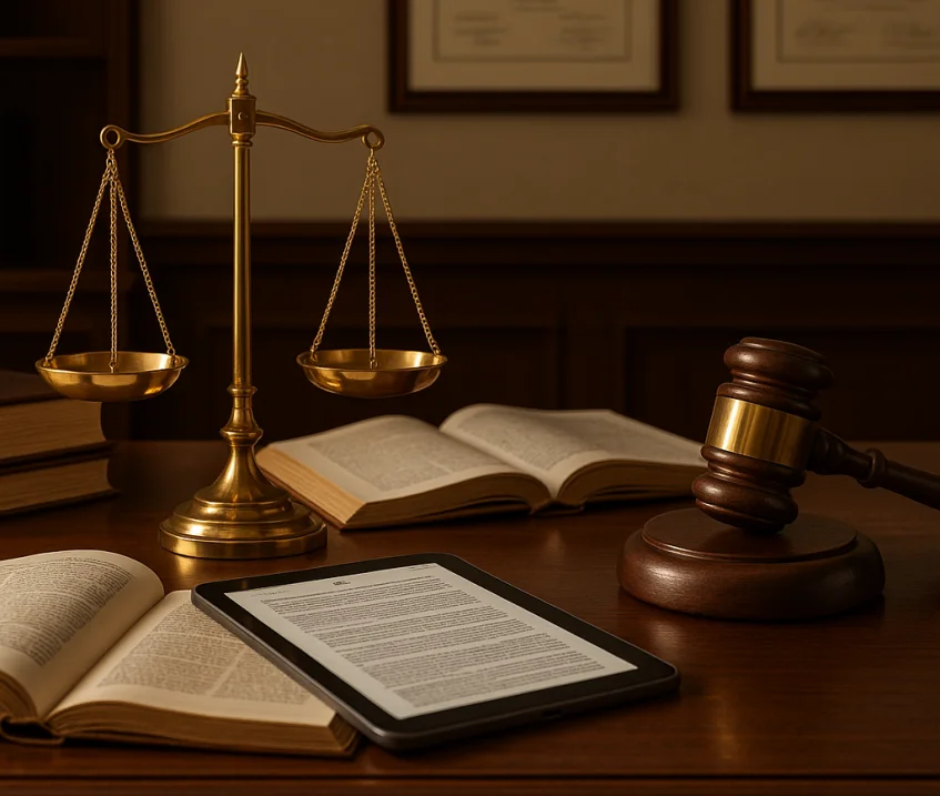 Hukuk terazisi ve dijital teknoloji simgesi ile avukat web sitesi