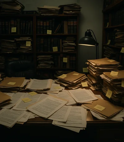 Dağınık hukuk bürosu masası üzerinde karışık kağıt dosyalar, açık klasörler ve organize edilmemiş belgeler