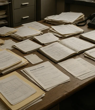 Dağınık masa üzerinde kağıt dosyalar, randevu defterleri, karışık hasta kayıtları, analog çalışma ortamı