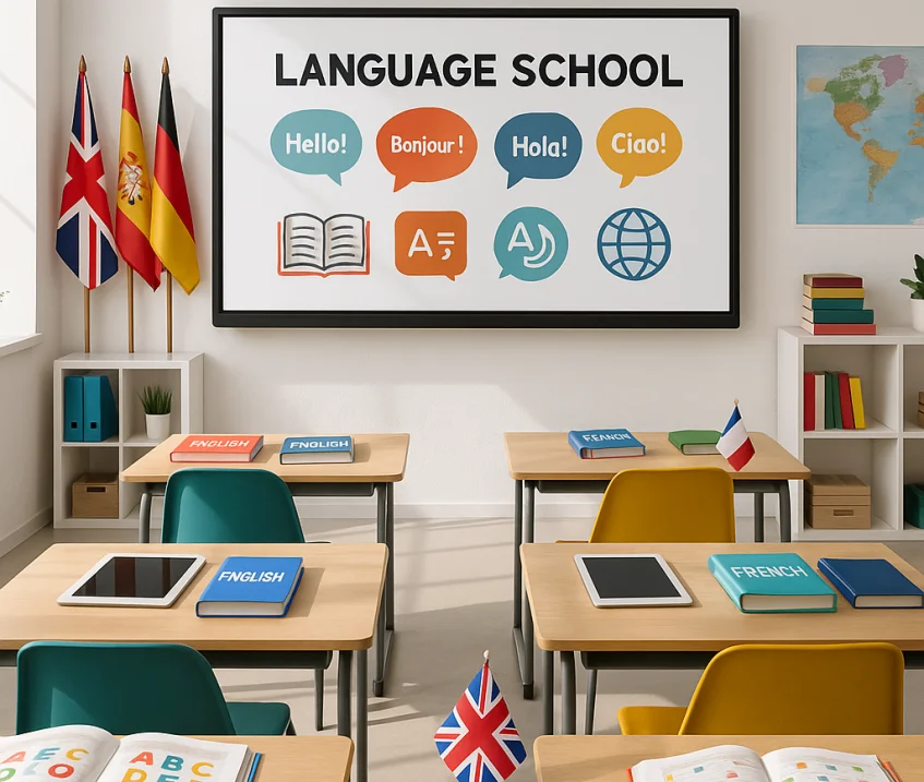 Dil okulu logosu ve eğitim materyalleri kolajı