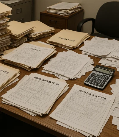 Karmakarışık masa üzerinde dağınık öğrenci dosyaları, el yazısı kayıt formları ve hesap makinesi