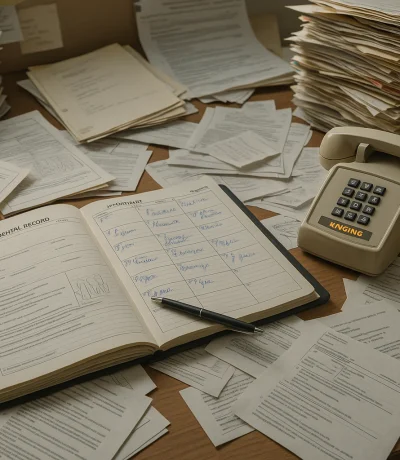 Karışık masa üzerinde dağınık kağıt hasta kartları, telefon ve randevu defteri, stresli çalışma ortamı