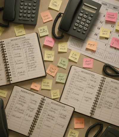 Karmaşık rezervasyon defteri, telefon notları ve çakışan randevular ile dolu masa
