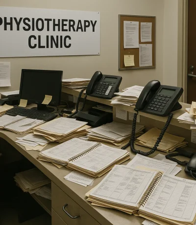 Karışık hasta dosyaları, dağınık randevu defteri ve telefon trafiği ile boğuşan fizyoterapi merkezi resepsiyonu