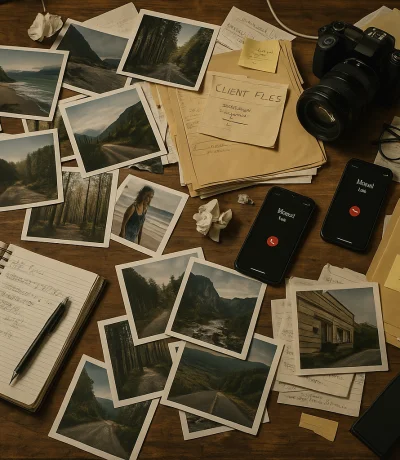 Dağınık fotoğraf arşivi, karışık notlar ve organize edilmemiş müşteri bilgileri içeren kaotik masa ortamı