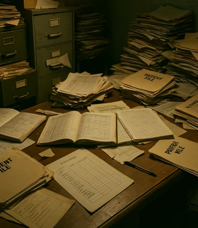 Karmaşık kağıt hasta kartları, dağınık randevu defteri ve manuel stok takip listeleri ile dolu kaotik klinik masası