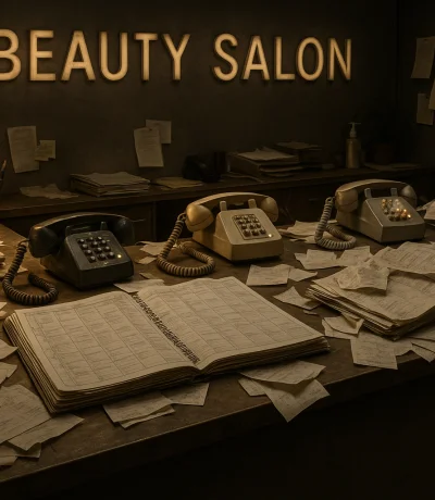 Dağınık randevu defteri, karışık kağıtlar ve sürekli çalan telefonların bulunduğu kaotik salon ortamı
