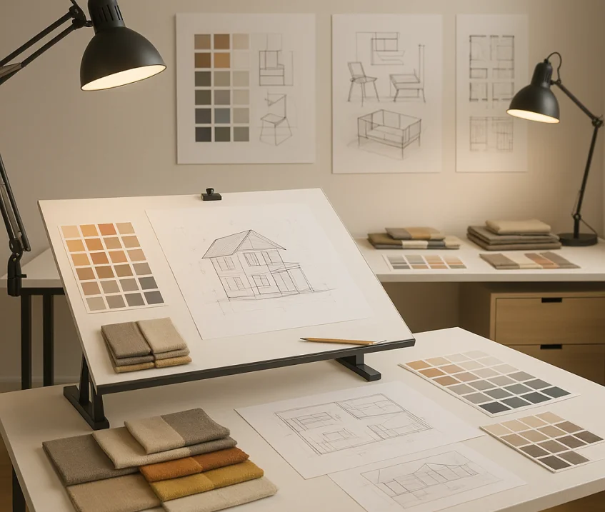 İç mimar çizim masası ve tasarım araçları minimal illüstrasyonu