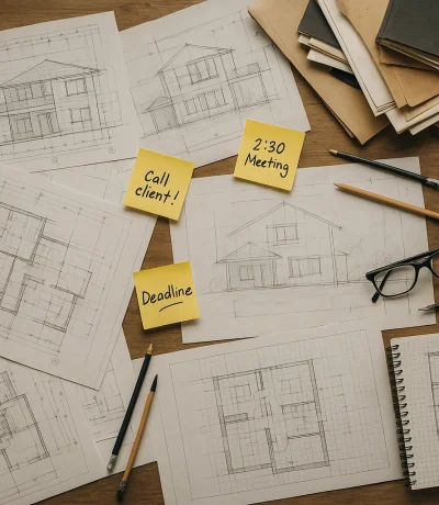 Dağınık çizim masası üzerinde karışık proje dosyaları, unutulmuş randevu notları ve düzensiz portföy materyalleri