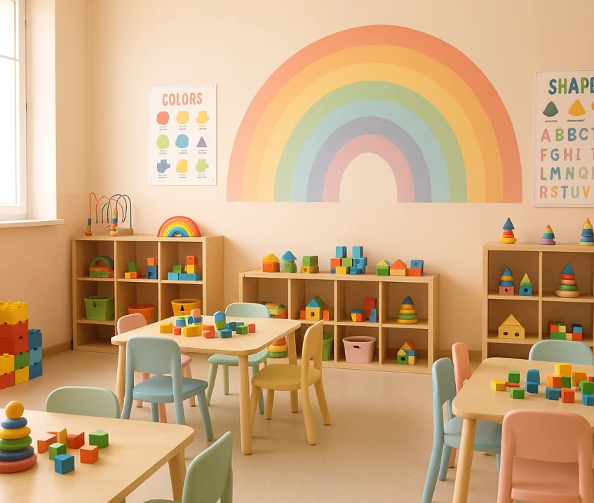 Kreş logosu ve çocuk figürleri ile minimal tasarım görseli