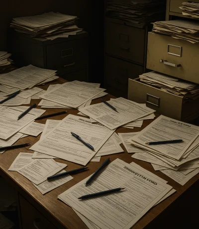 Kreş masasında dağınık kağıt dosyalar, kalemler ve kayıt formları ile karmaşık büro ortamı