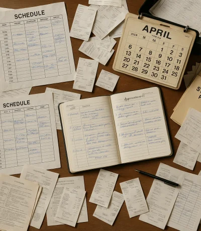 Karmaşık kağıt belgeleri, rezervasyon defterleri ve düzensiz dosyalarla dolu müzik okulu ofisi masası