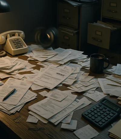 Karışık nakliyat ofisi masasında dağınık kağıtlar, klasörler ve çalan telefonlar