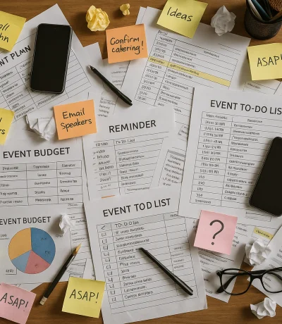 Dağınık masa üzerinde karışık kağıtlar, notlar, telefon ve stresli organizasyon planlama ortamı