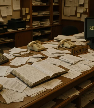 Karışık rezervasyon defteri, telefon ve kağıt yığınları ile dolu dağınık otel resepsiyon masası