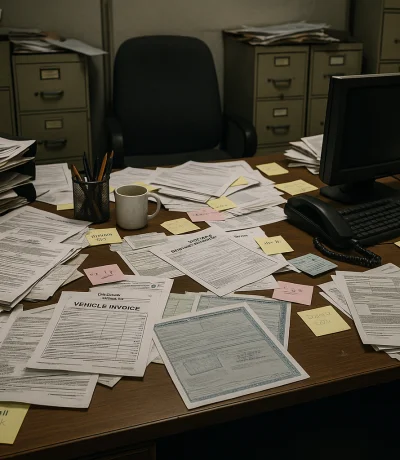 Dağınık oto galeri ofisi kağıt yığınları ve karışık dosyalarla dolu masa