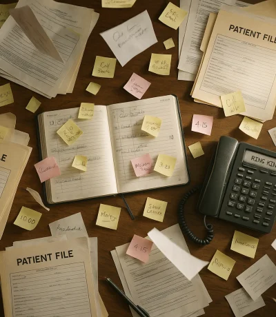 Karışık masa üzerinde dağınık hasta dosyaları, takvim notları ve telefon ile randevu alma stresi
