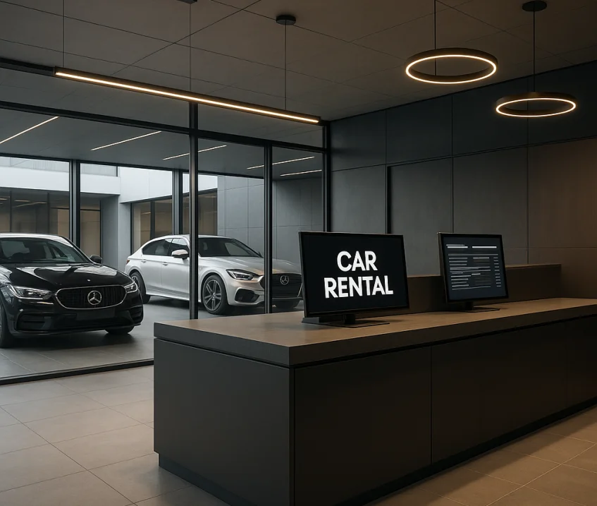 Rent a car araç kiralama sistemi simgesi ve dijital çözüm görseli