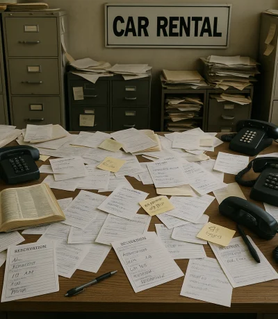 Dağınık kağıt evraklar, telefon rezervasyon notları ve karışık araç takip listeleri ile stresli rent a car ofisi