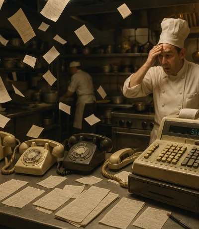 Karışık restoran mutfağı, dağınık sipariş kağıtları ve yoğun telefon trafiği ile stresli çalışma ortamı