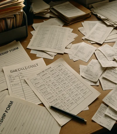 Karmaşık kağıt belgeleri, dağınık üye kartları ve manuel kayıt defterlerinin bulunduğu düzensiz ofis masası