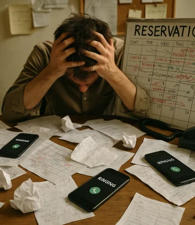 Karışık rezervasyon takvimi, dağınık kağıtlar ve stresli tatil evi yönetimi ortamı
