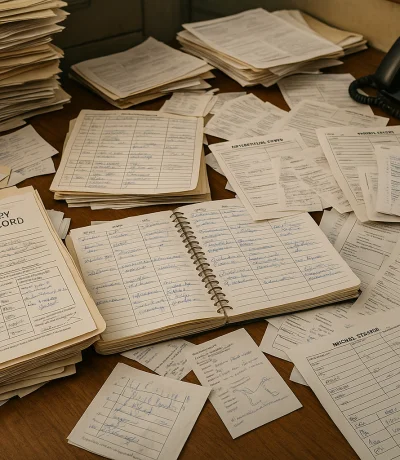 Dağınık masa üzerinde karışık kağıt hasta kartları ve randevu defterleri