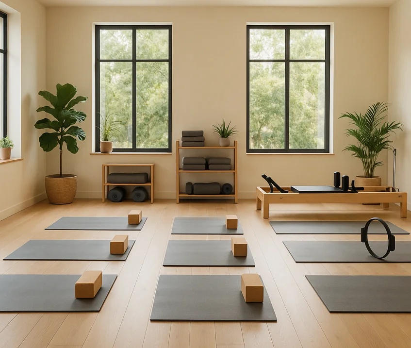 Yoga minderi ve pilates topunun bulunduğu stüdyo görseli