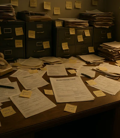 Karışık kağıt yığınları, dağınık kayıt defterleri ve telefon mesajları ile dolu kaotik ofis masası görünümü